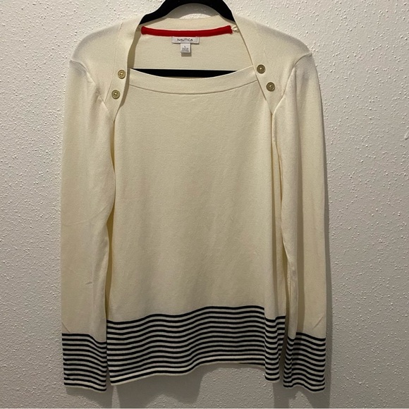 NWOT Nautica Cream & Blue Striped Sweater Sz. Large - Picture 1 of 4